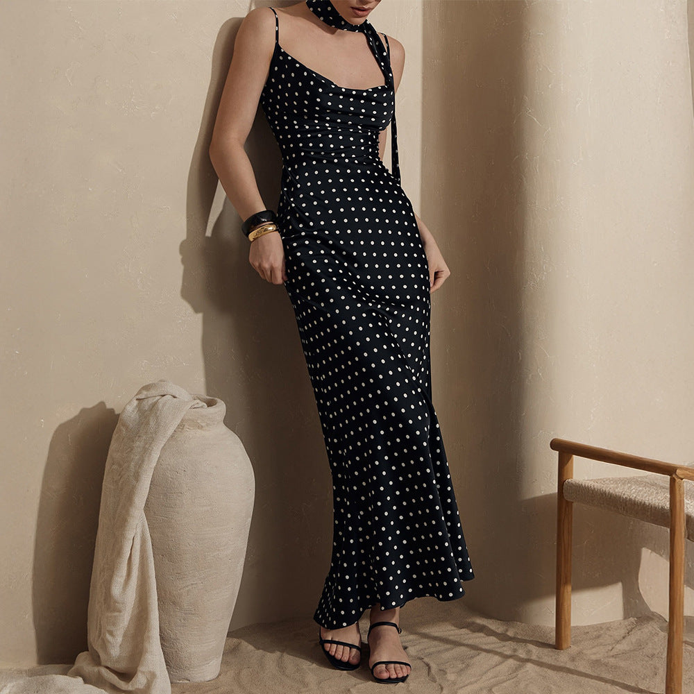 Vestido Maxi con Tirantes Vestido Largo de Verano con Cuello Halter y Cola de Pescado de Lunares