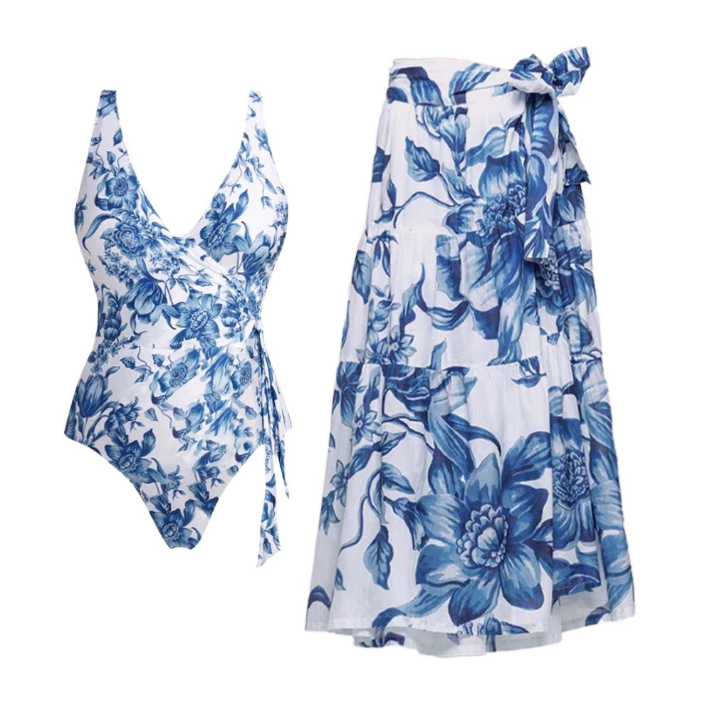Traje de baño de dos piezas floral azul bikini para mujer