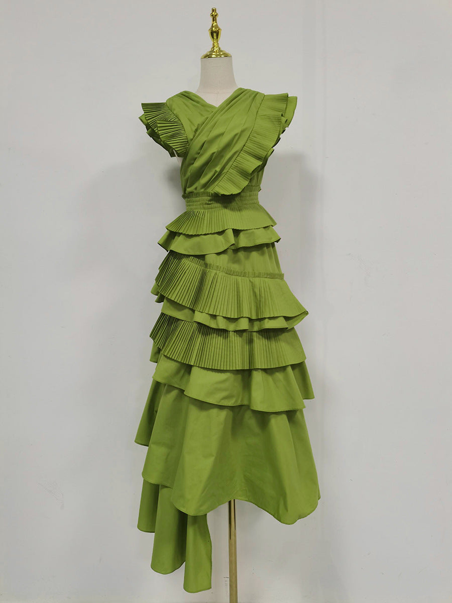Primavera Elegante Vestido Largo de Madera de Costura de Orejas de Grado Superior Cuello en V Cruzado para Mujer