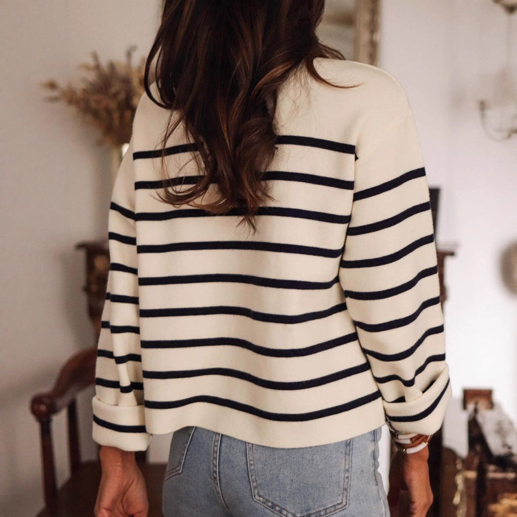 Sweater Autumn Winter Black White Striped Button Knitted Cardigan Casual Long Sleeved Sweater for Women
