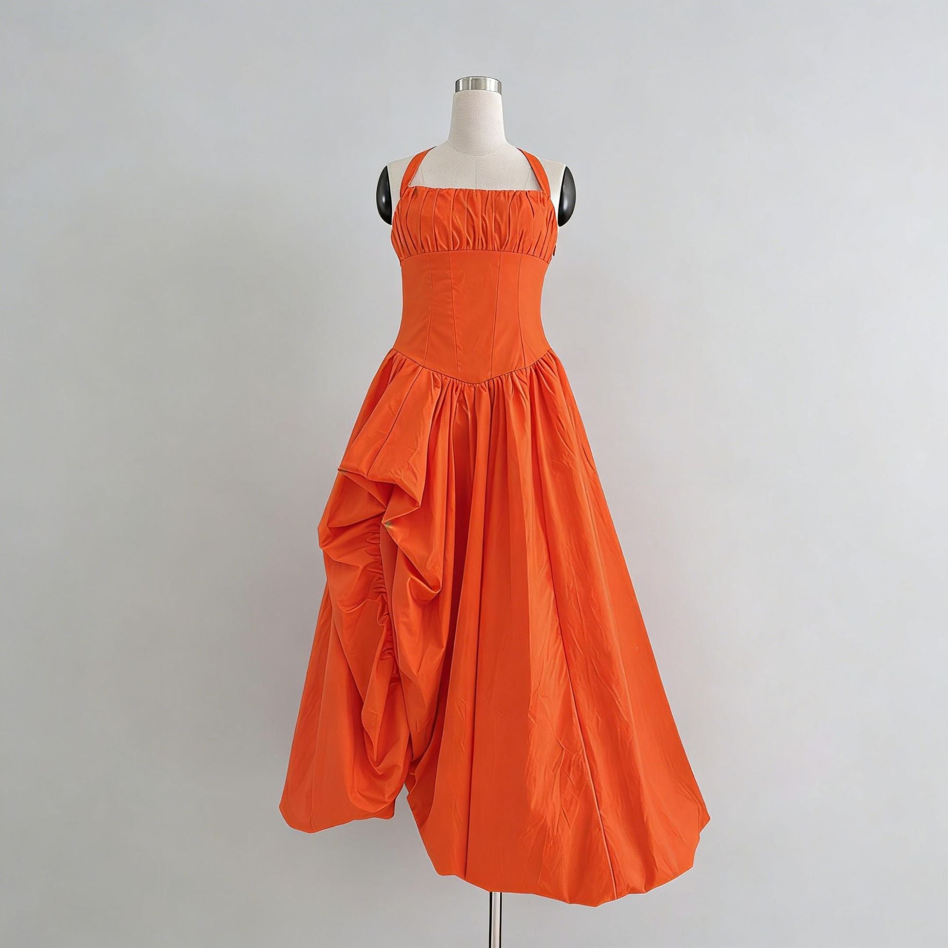 Elegante vestido maxi retro sin tirantes con cuello halter y cintura ajustada con estampado floral tridimensional para mujer