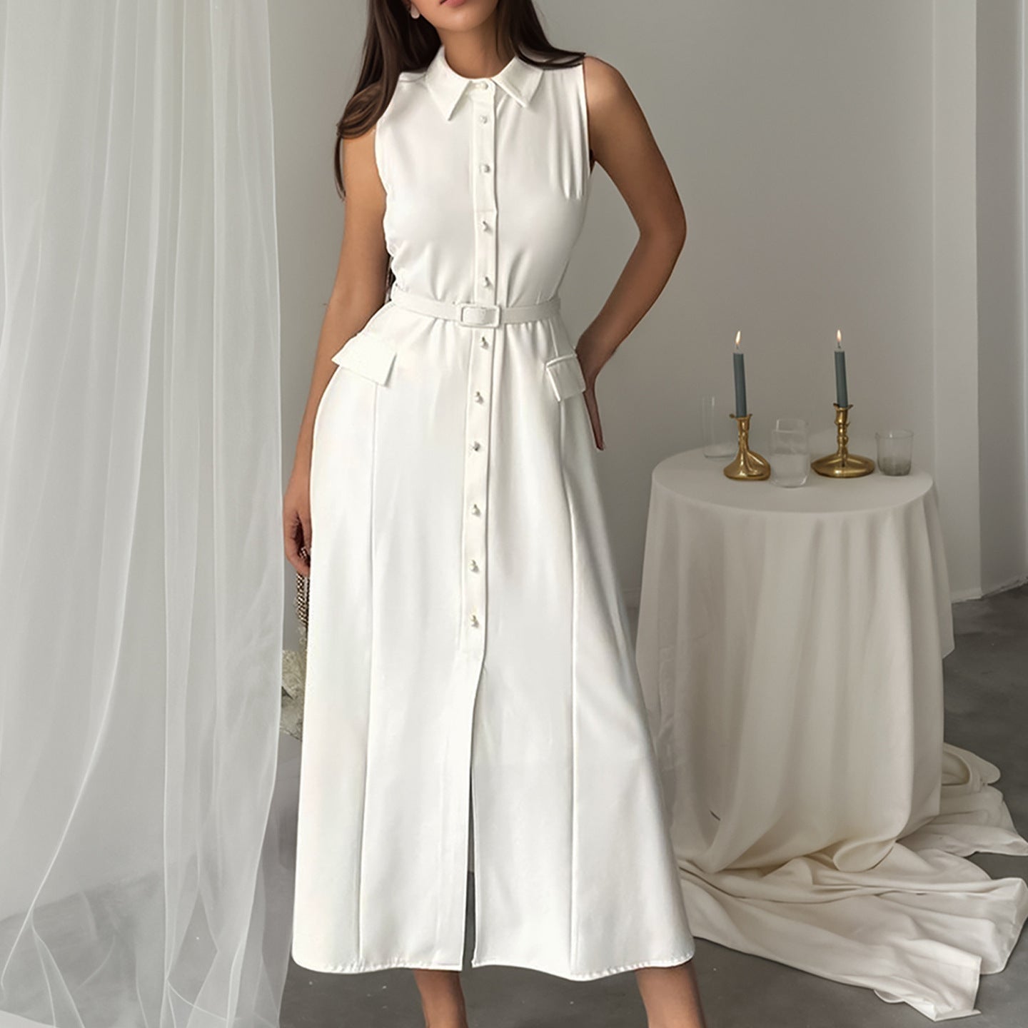 Vestido de oficina sin mangas, ceñido, con abertura, hebilla de perlas, color sólido, para verano y otoño