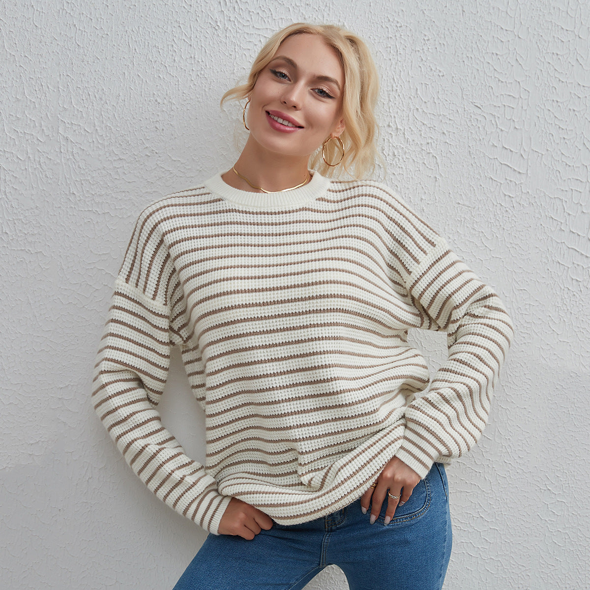 Women Clothing Striped All Matching round Neck T shirt Simple Casual Loose Sweater
