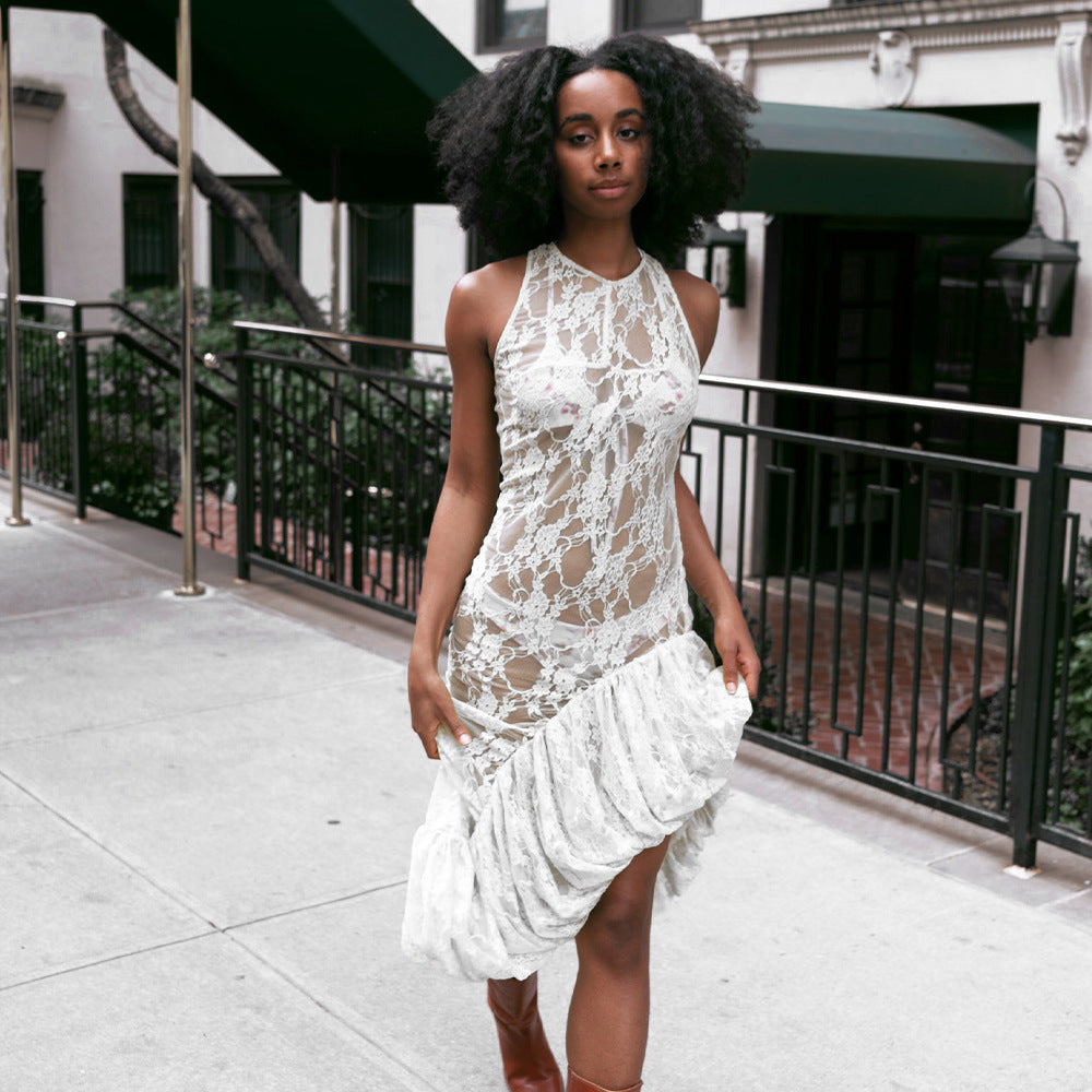 Vestido maxi de verano sexy de encaje transparente asimétrico irregular sin mangas con cuello redondo para mujer