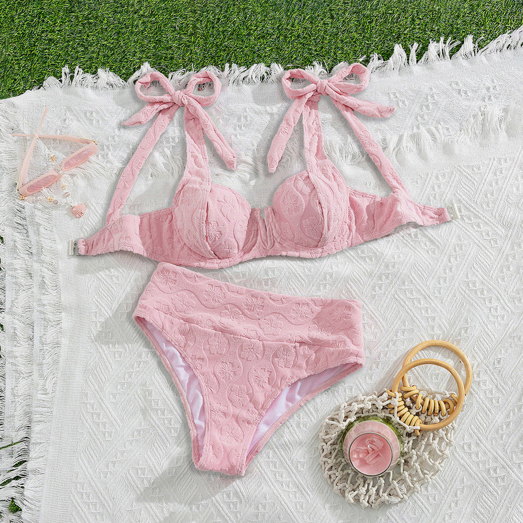 Traje de baño sexy bikini de color sólido de talle alto con lazo grueso