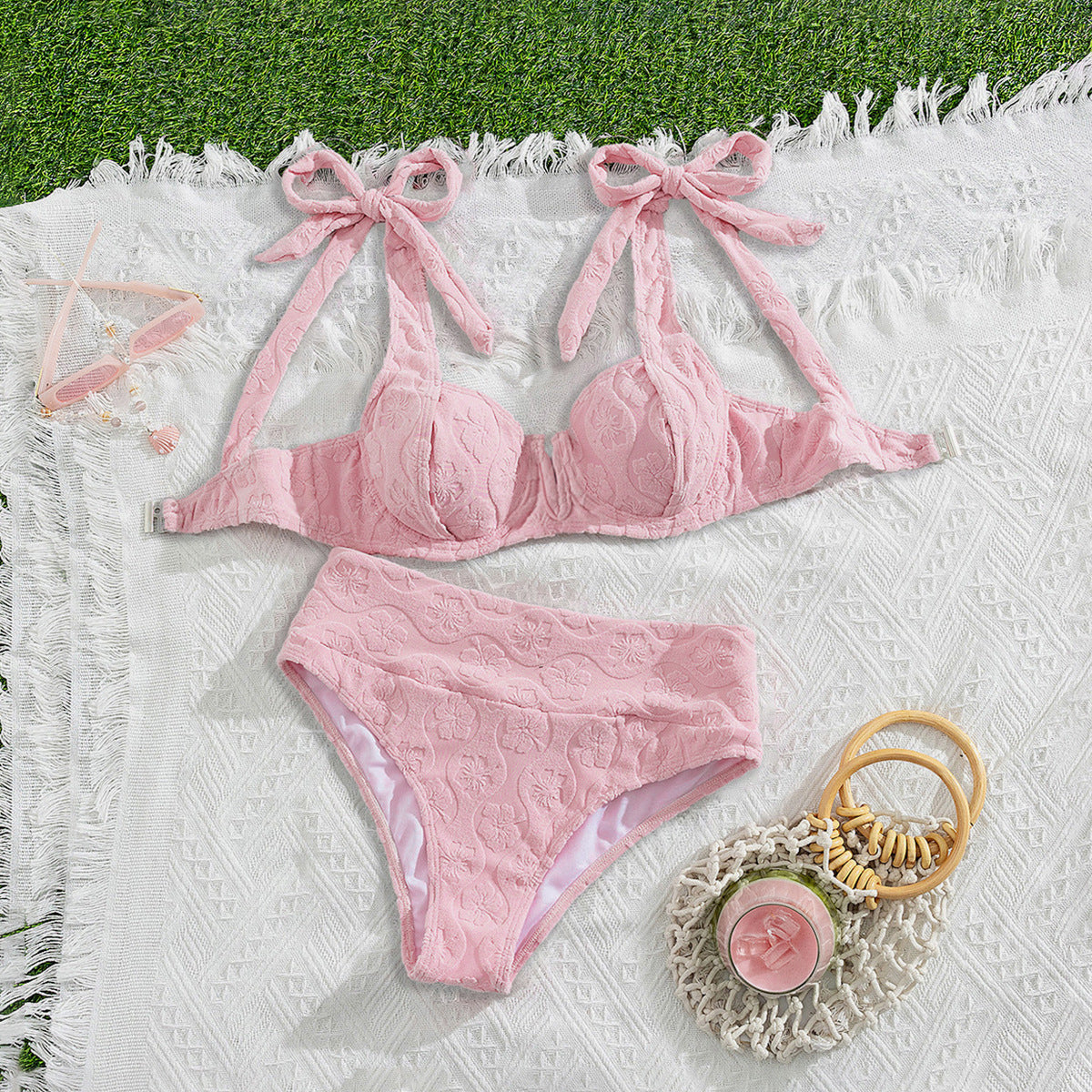 Traje de baño sexy bikini de color sólido de talle alto con lazo grueso