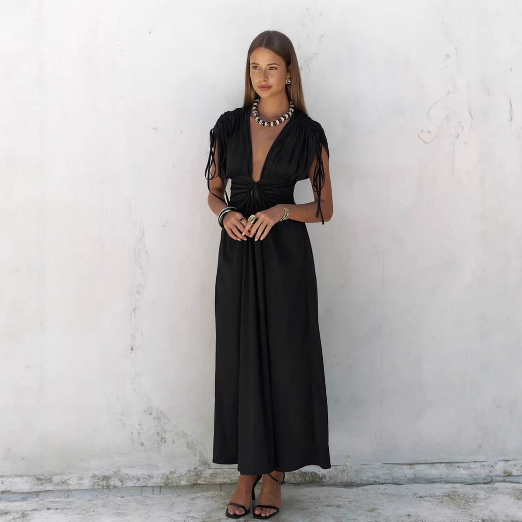 Verano Elegante Negro Sexy Sin Espalda Escote en V Pronunciado Vestido Francés Ajustado de Manga Corta para Mujer con Cordones