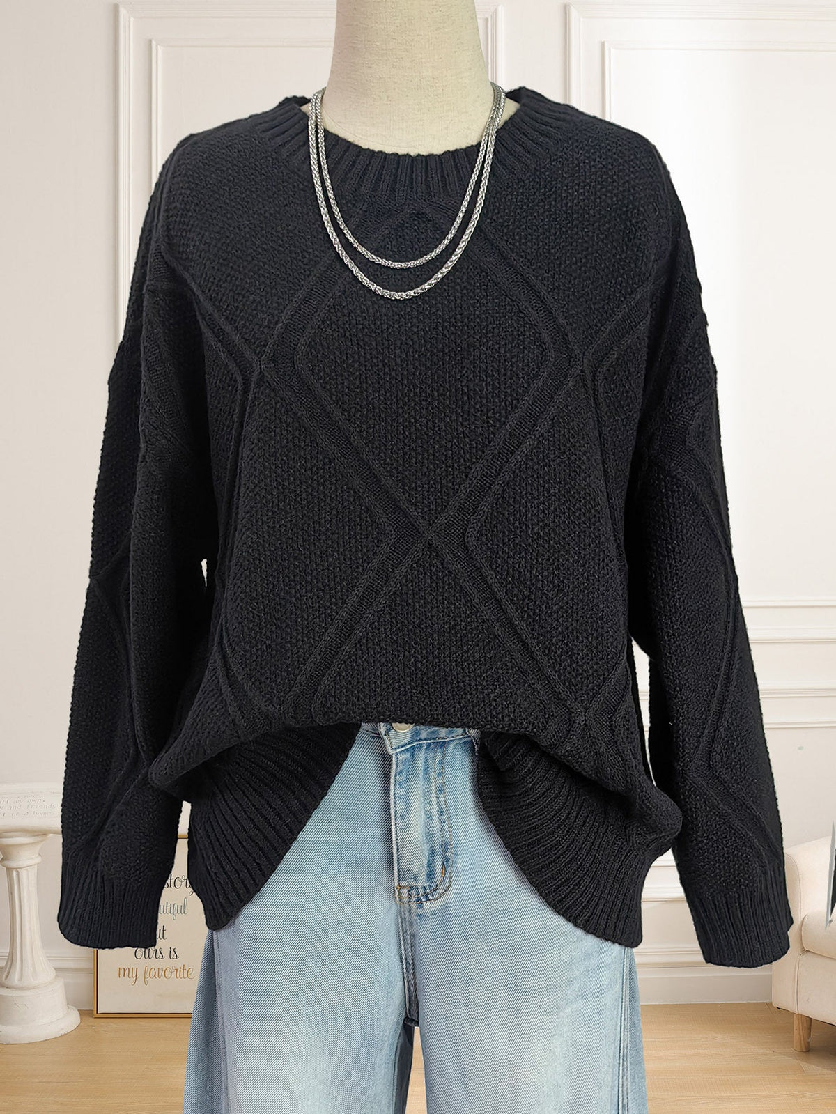 Top Platform Women Clothing Diamond Plaid Jacquard Loose Fitting Idle Casual Pullover Sweater