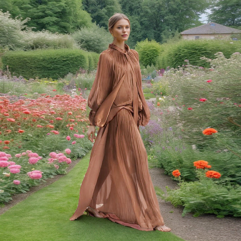 Vestido largo de alta calidad de nicho, diseño de manga murciélago con cordones para mujer, otoño-invierno