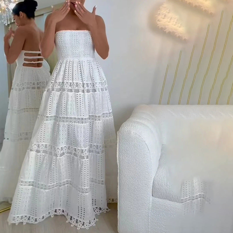 Vestido maxi casual de primavera con bordado de alta sensibilidad, calado, sin tirantes, ropa de mujer