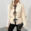 Sweet Chanel Bow Lace up Turn down Collar Trim Contrast Color Sweater Women Cardigan