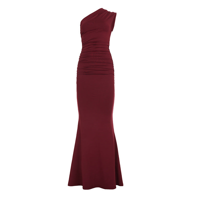 Vestido largo elegante de un solo hombro para mujer, color sólido, corte ajustado, para cóctel o noche