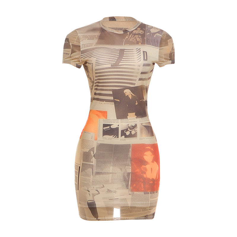 Vestido de mujer de primavera, cuello redondo, manga corta, ajustado, sexy, tipo tubo, minivestido estampado de una pieza