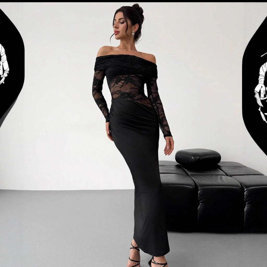 Vestido maxi de encaje calado sin hombros de verano, de manga larga, sexy, de alta calidad, ajustado para mujer