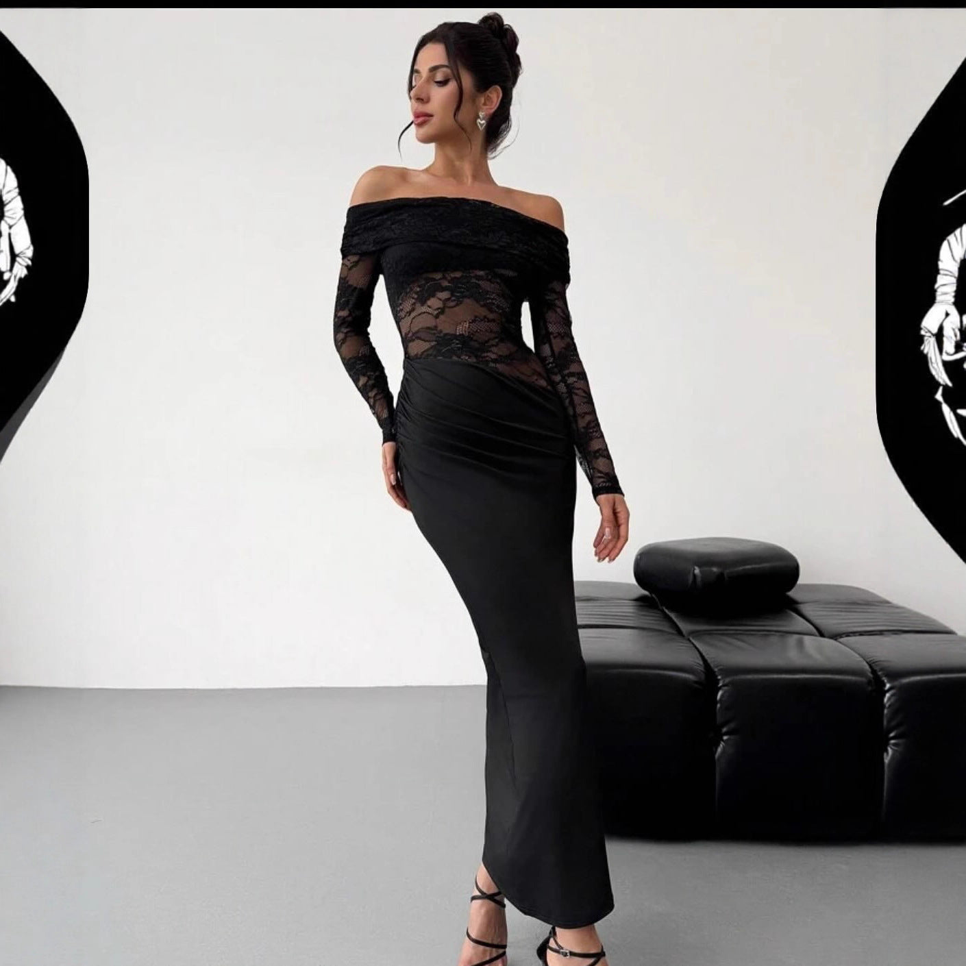 Vestido maxi de encaje calado sin hombros de verano, de manga larga, sexy, de alta calidad, ajustado para mujer