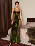 Atractivo vestido de tirantes finos de encaje verde de terciopelo sin espalda elegante ajustado corte sirena lencería sexi