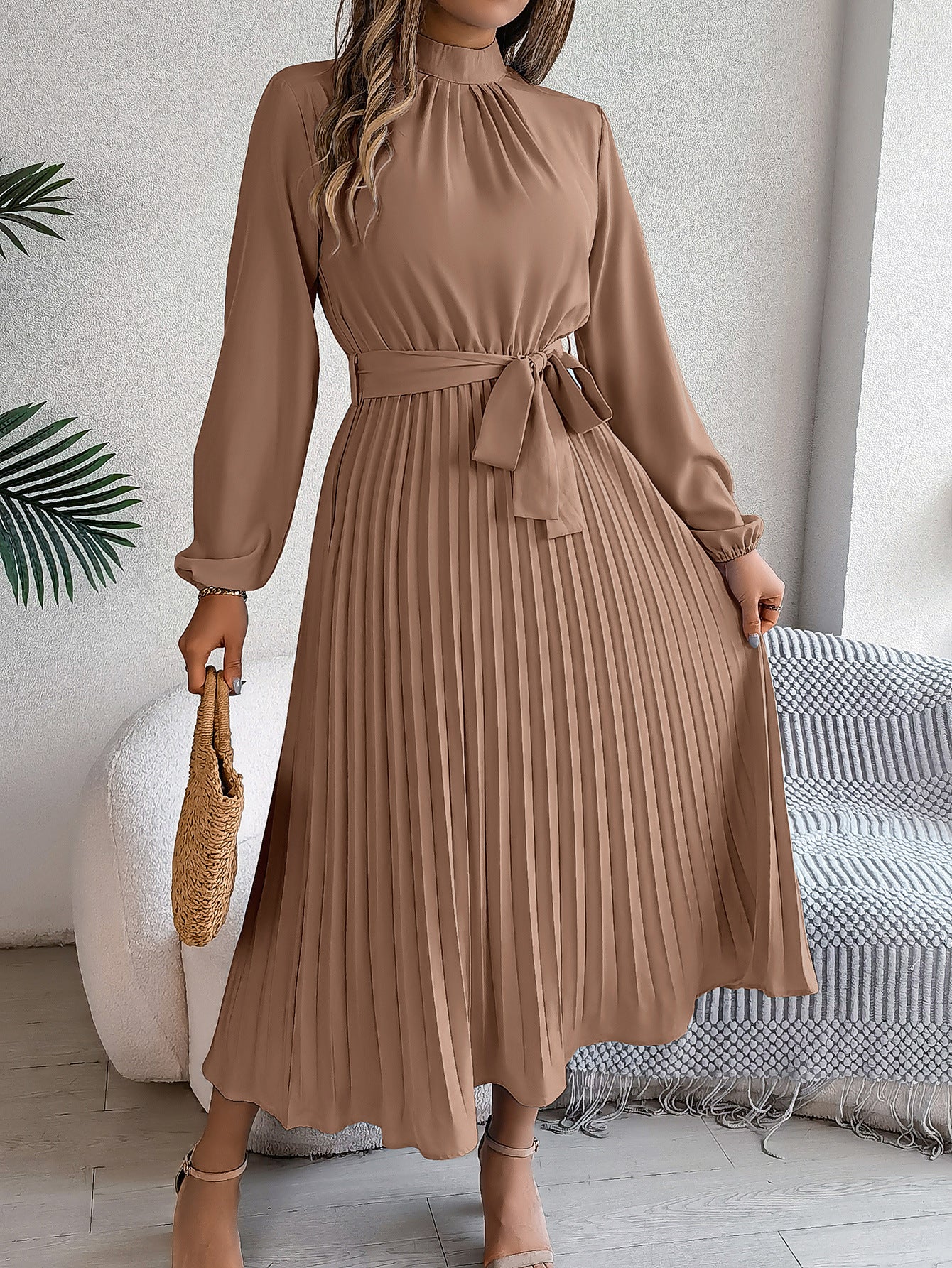 Vestido largo plisado fruncido con cuello alto y manga larga, elegante, otoño-invierno, vestido pequeño, ropa de mujer
