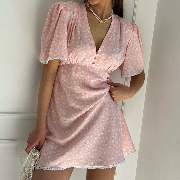Vestido floral de verano para mujer, cuello en V, manga corta, cintura alta, vestido corto casual