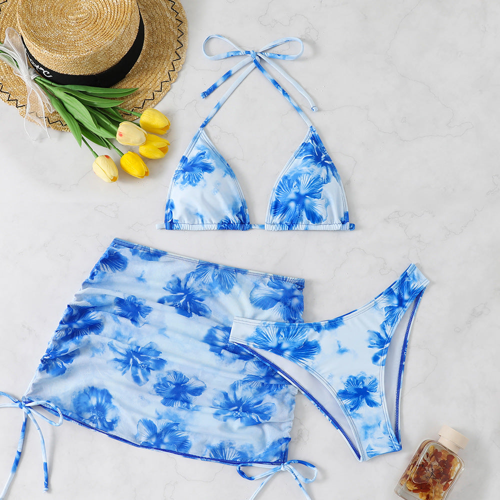 Bikini de malla con cordón, entallado, sexy, estampado, conjunto de bikini de tres piezas, traje de baño
