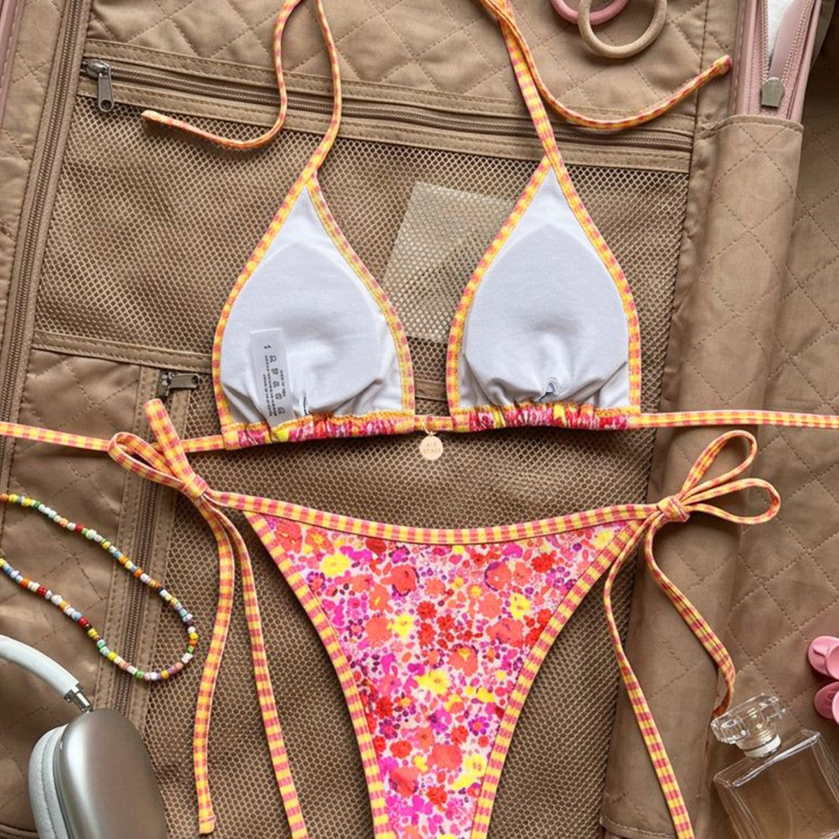 Traje de baño bikini sexy con estampado triangular, tiras finas y abertura, para mujer