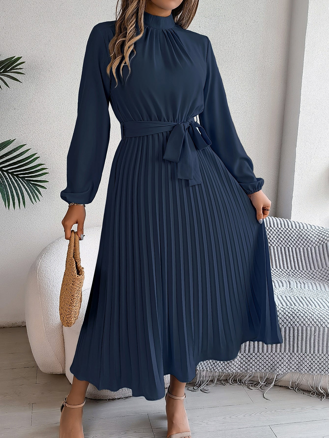 Vestido largo plisado fruncido con cuello alto y manga larga, elegante, otoño-invierno, vestido pequeño, ropa de mujer
