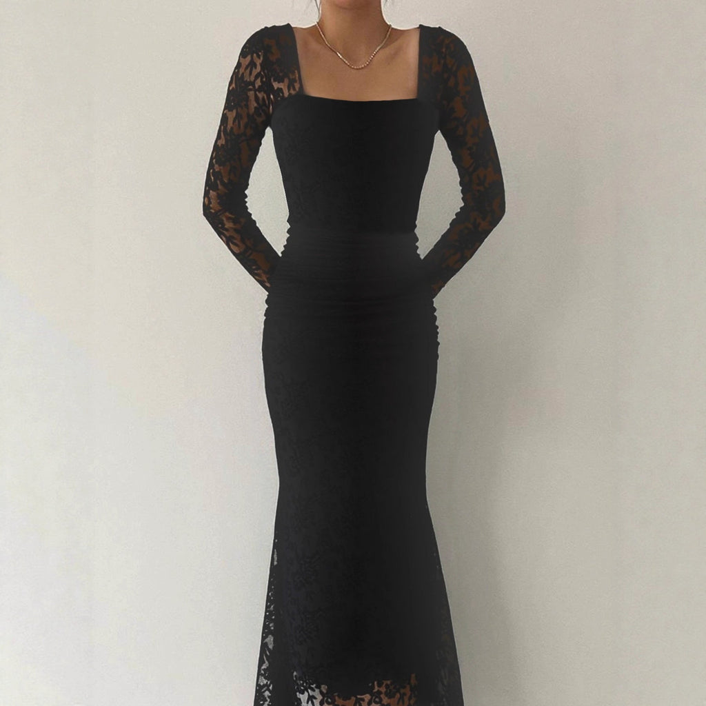 Vestido Largo Plisado Entallado con Cuello Cuadrado y Encaje Elegante de Moda para Mujer Otoño Invierno