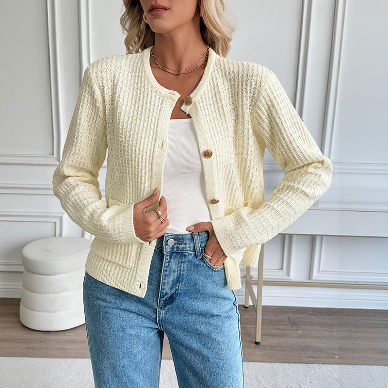Autumn Winter Casual Korean Metal Button Cardigan Solid Color Sweater Coat for Women