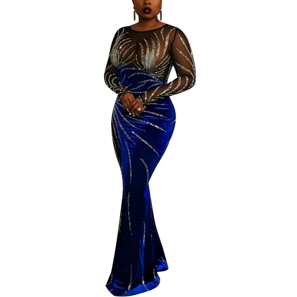 Maxi Dress Sexy Sheer Mesh Stitching Velvet Party Evening Dress Women