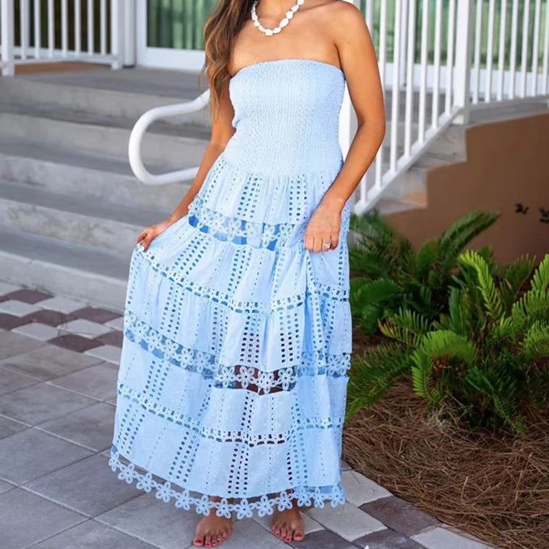 Vestido maxi casual de primavera con bordado de alta sensibilidad, calado, sin tirantes, ropa de mujer