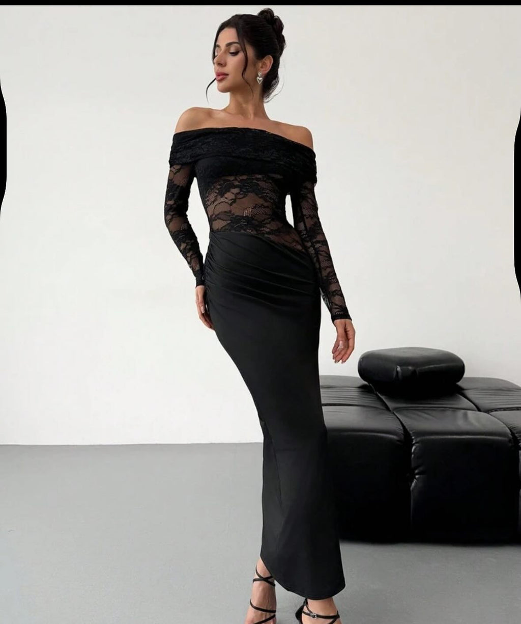 Vestido maxi de encaje calado sin hombros de verano, de manga larga, sexy, de alta calidad, ajustado para mujer