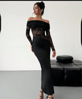 Vestido maxi de encaje calado sin hombros de verano, de manga larga, sexy, de alta calidad, ajustado para mujer