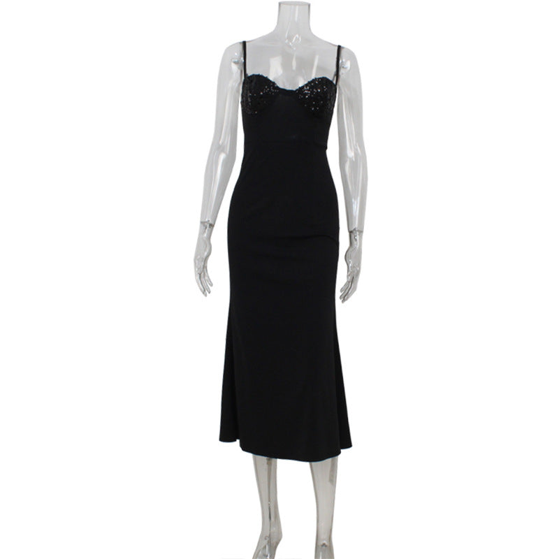 Sequin Stitching Tube Top Cinched Waist Sexy Light Luxury Cocktail Evening Dress Fishtail Sheath Cami Dress