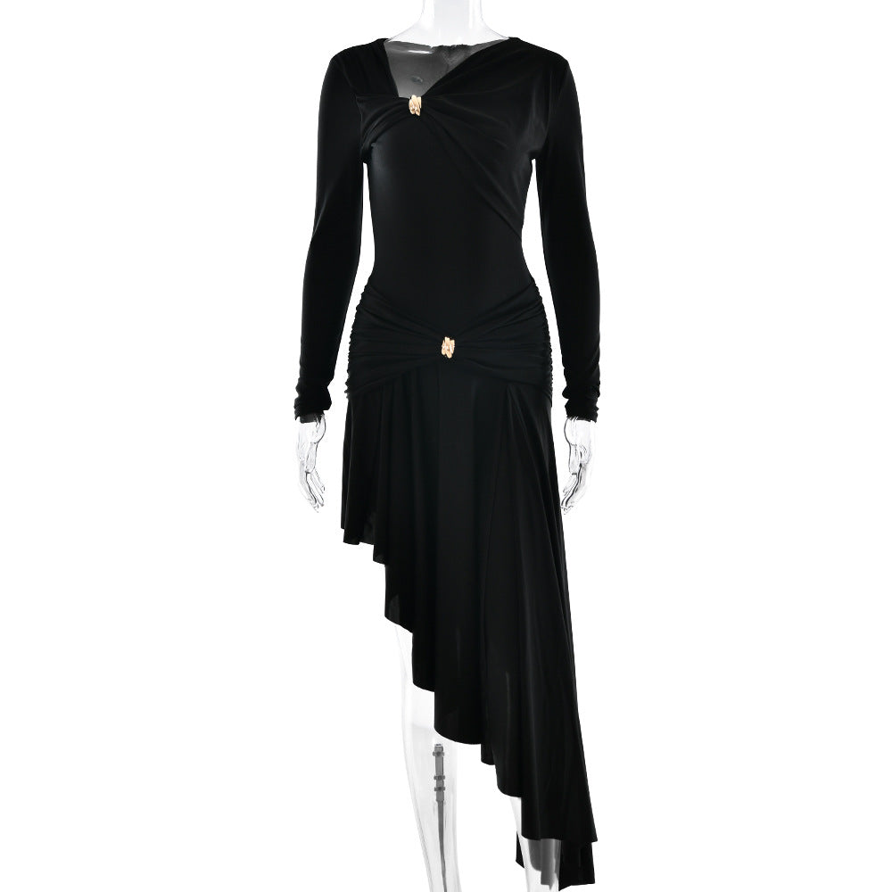 Vestido Maxi Asimétrico Irregular Plisado Sexy para Mujer Elegante a la Moda Otoño Invierno