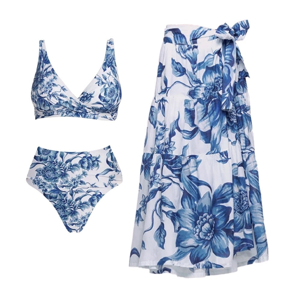 Traje de baño de dos piezas floral azul bikini para mujer