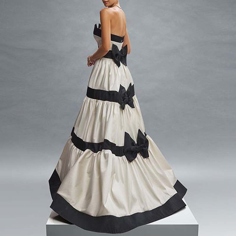 Vestido largo elegante francés de primavera sin tirantes con diseño de lazo a rayas de color contrastante para mujer