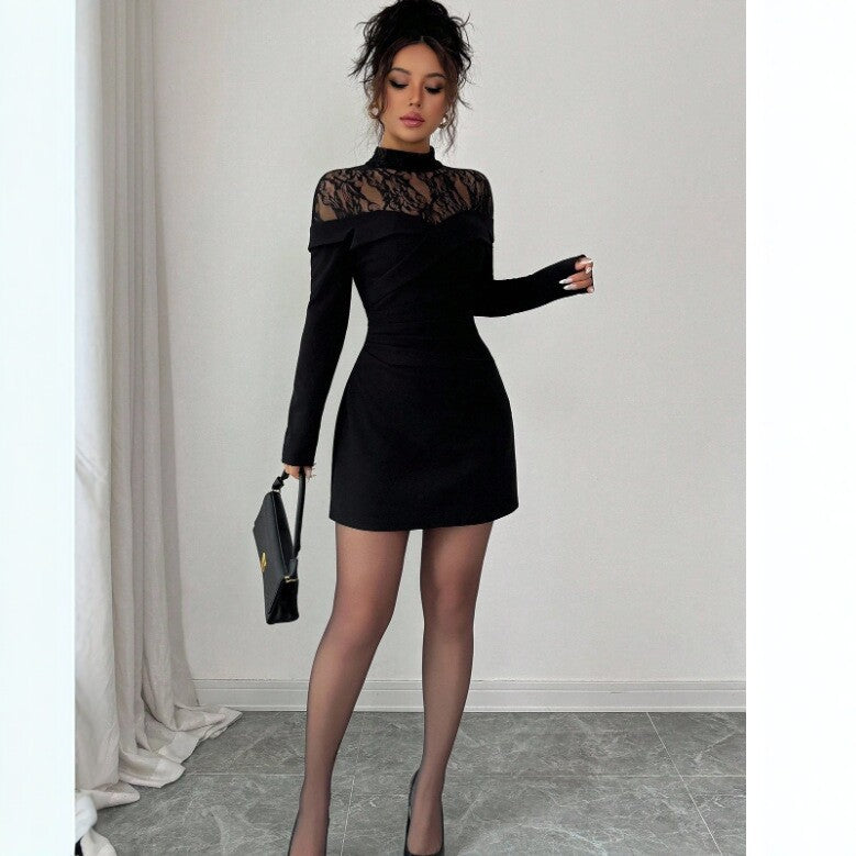 Vestido ajustado de encaje de manga larga con retazos negros para mujer