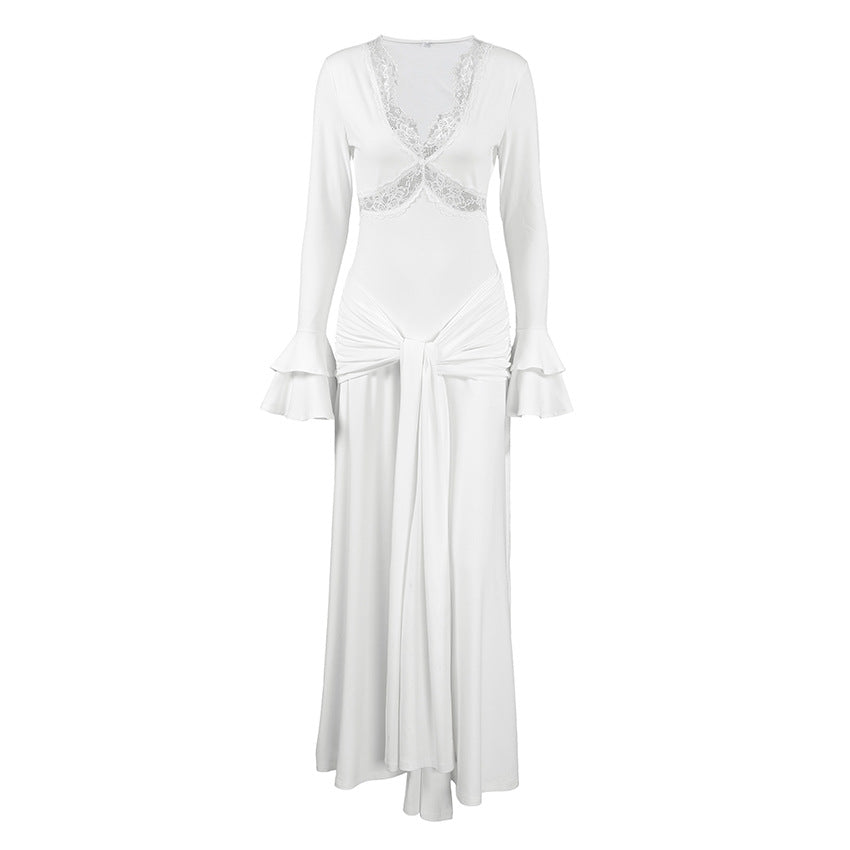 Vestido Largo Elegante de Primavera para Mujer Diseño Elegante Encaje Sexy Costura Ajustado