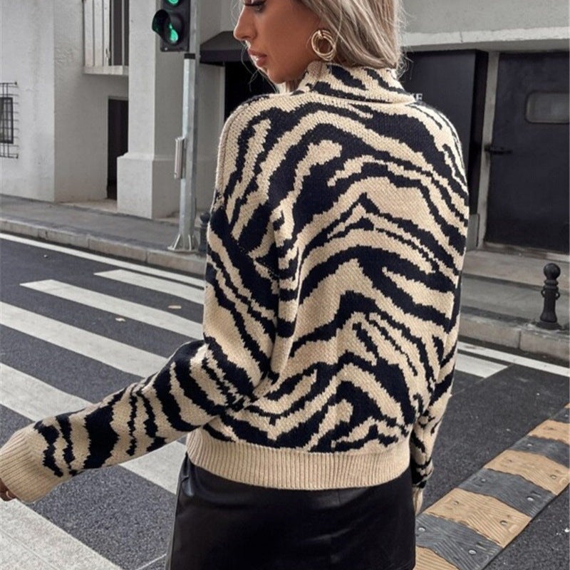 Autumn Winter Essential Loose Pullover Zebra Pattern Knitted Sweater for Women