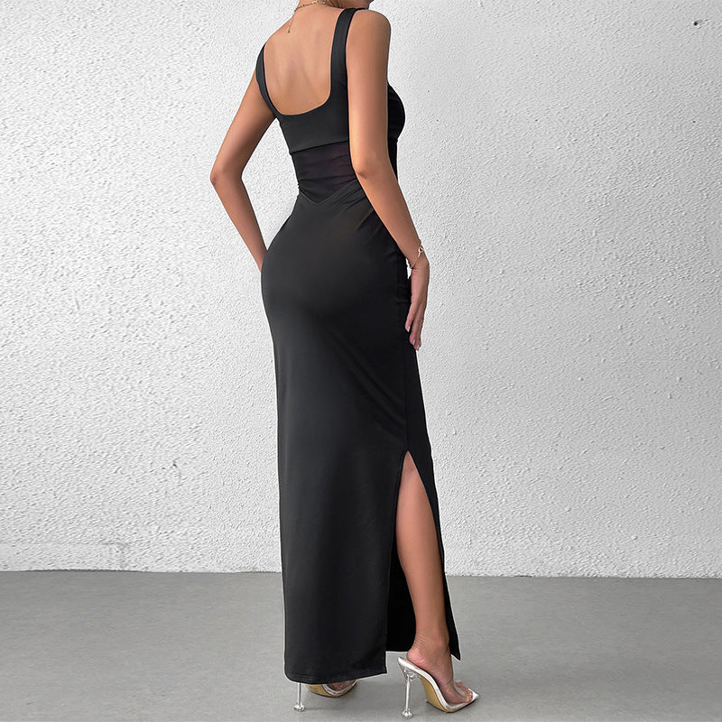 Vestido largo formal sexi sin espalda, con abertura, de malla y costuras de seda láctea