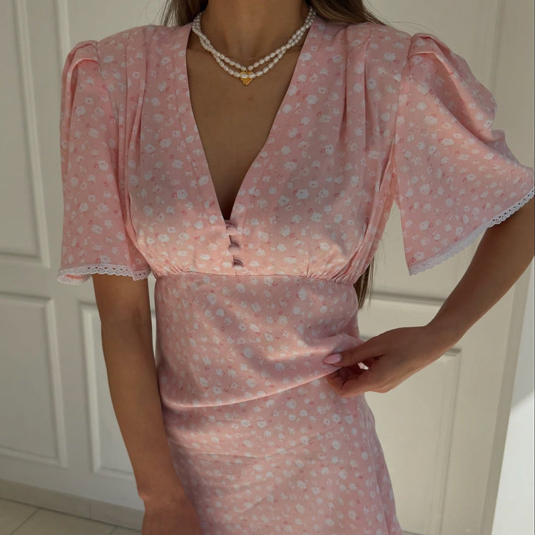 Vestido floral de verano para mujer, cuello en V, manga corta, cintura alta, vestido corto casual