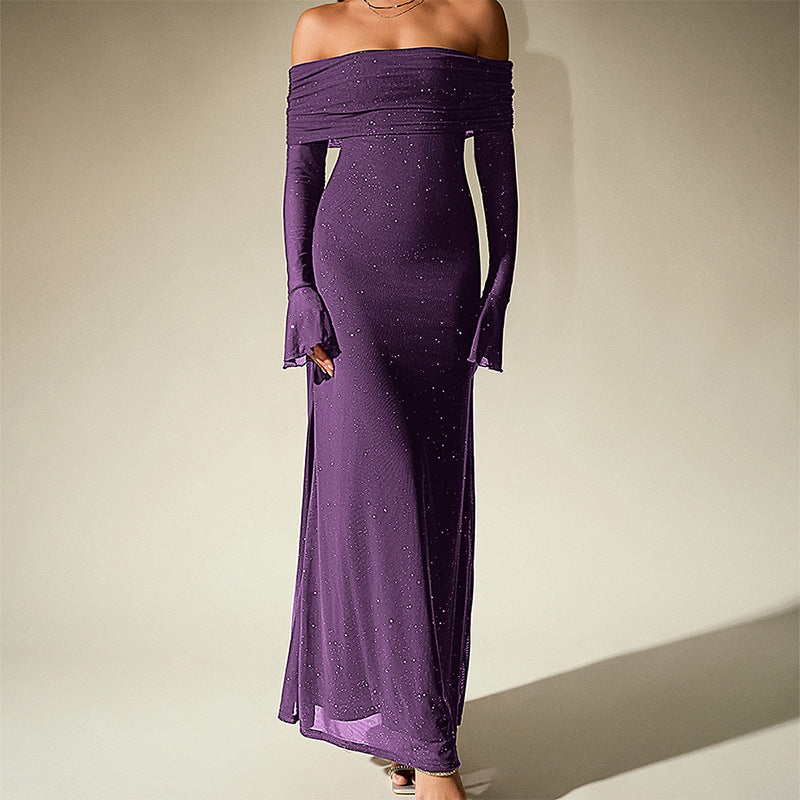 Vestido maxi de malla plateada cuadrada, sexy, con hombros descubiertos y manga larga acampanada