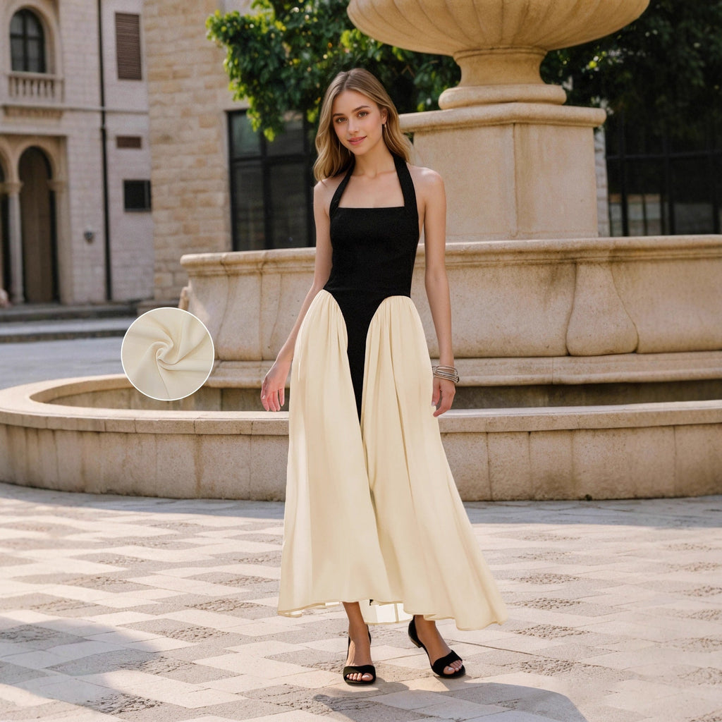 Vestido de mujer elegante socialité, ajustado, negro con costuras blancas, sin mangas, con cuello halter, sin espalda, vestido maxi sin hombros.