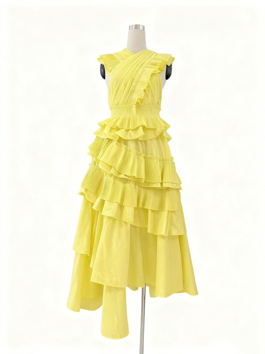 Primavera Elegante Vestido Largo de Madera de Costura de Orejas de Grado Superior Cuello en V Cruzado para Mujer