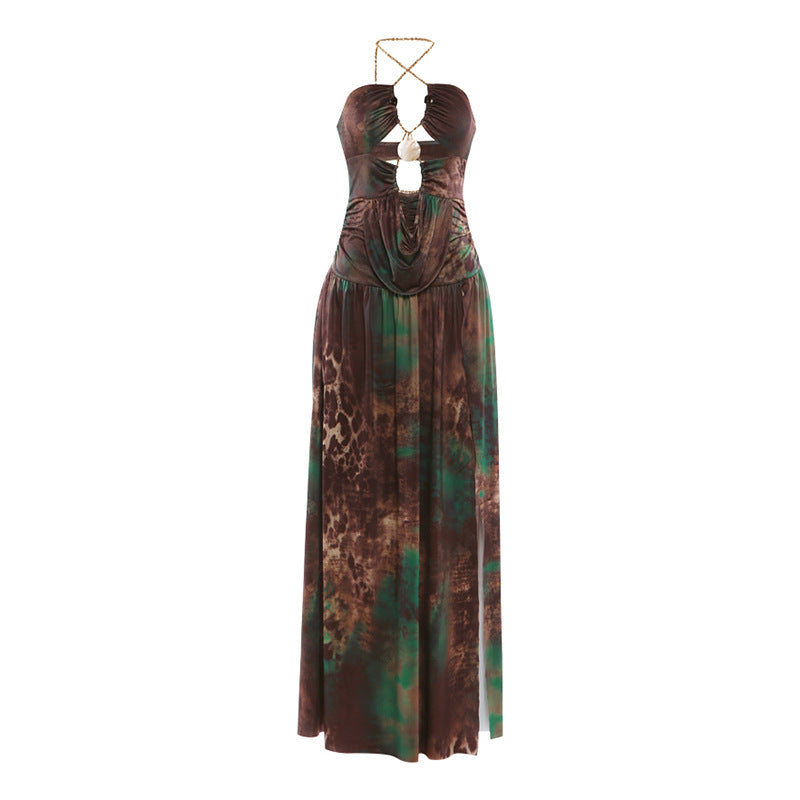 Vestido de mujer de primavera sexy con hombros descubiertos, cadena en el cuello y abertura en la cintura