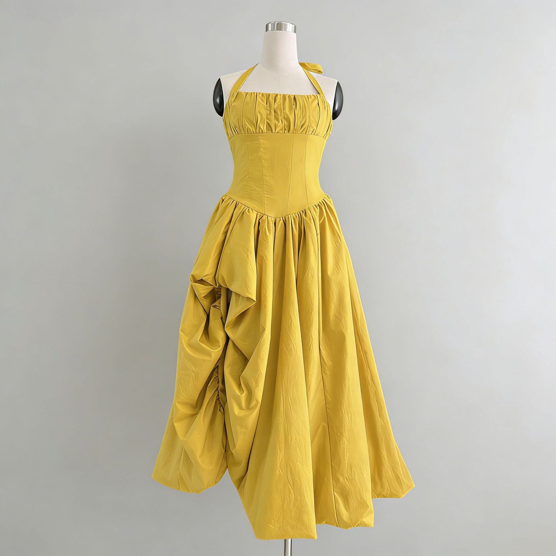 Elegante vestido maxi retro sin tirantes con cuello halter y cintura ajustada con estampado floral tridimensional para mujer