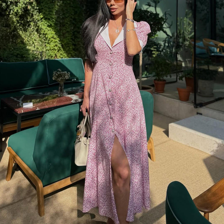 Elegante vestido floral de verano con cuello polo, manga corta, cintura alta y estampado línea A para mujer