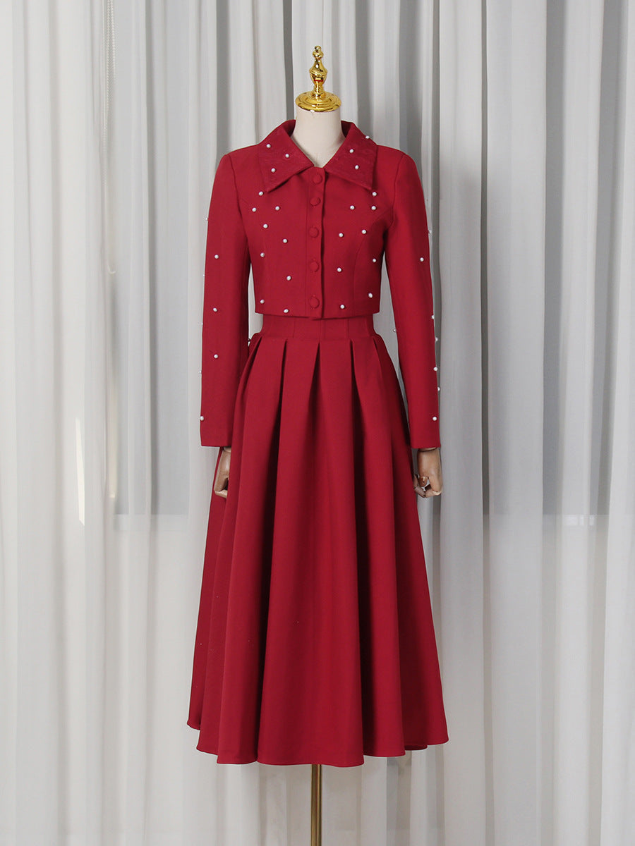 Vestido Maxi Elegante Plisado Delgado de Primavera Color Sólido Cuello con Cuentas Manga Larga Conjuntos de Dos Piezas para Mujer