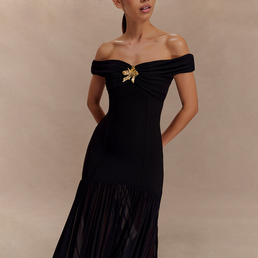 Elegant Tube Top Ladies Dress Sexy Mesh Stitching Backless Pleated Slim Fit Maxi Dress