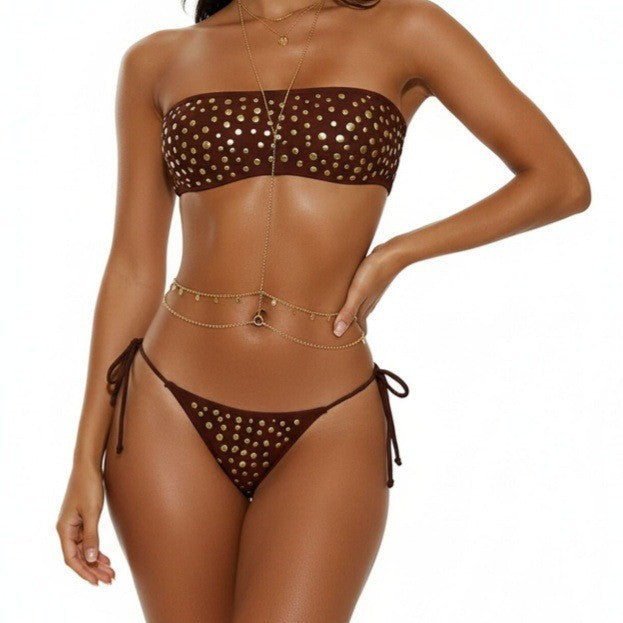 Top de bikini con aros, top de tubo con puntos de metal, abertura lateral y de banda, sexy