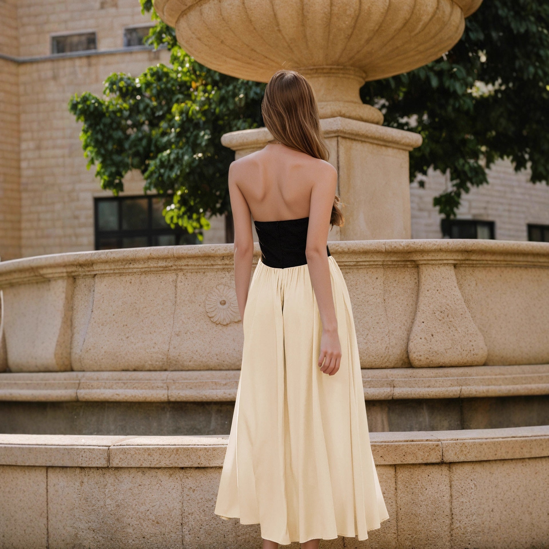Vestido de mujer elegante socialité, ajustado, negro con costuras blancas, sin mangas, con cuello halter, sin espalda, vestido maxi sin hombros.